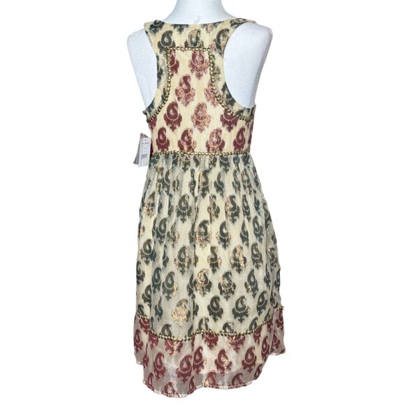 NEW Defects Free People Shimmering Champagne Paisley Mini Dress Sz 4 Green Red - Picture 4 of 13